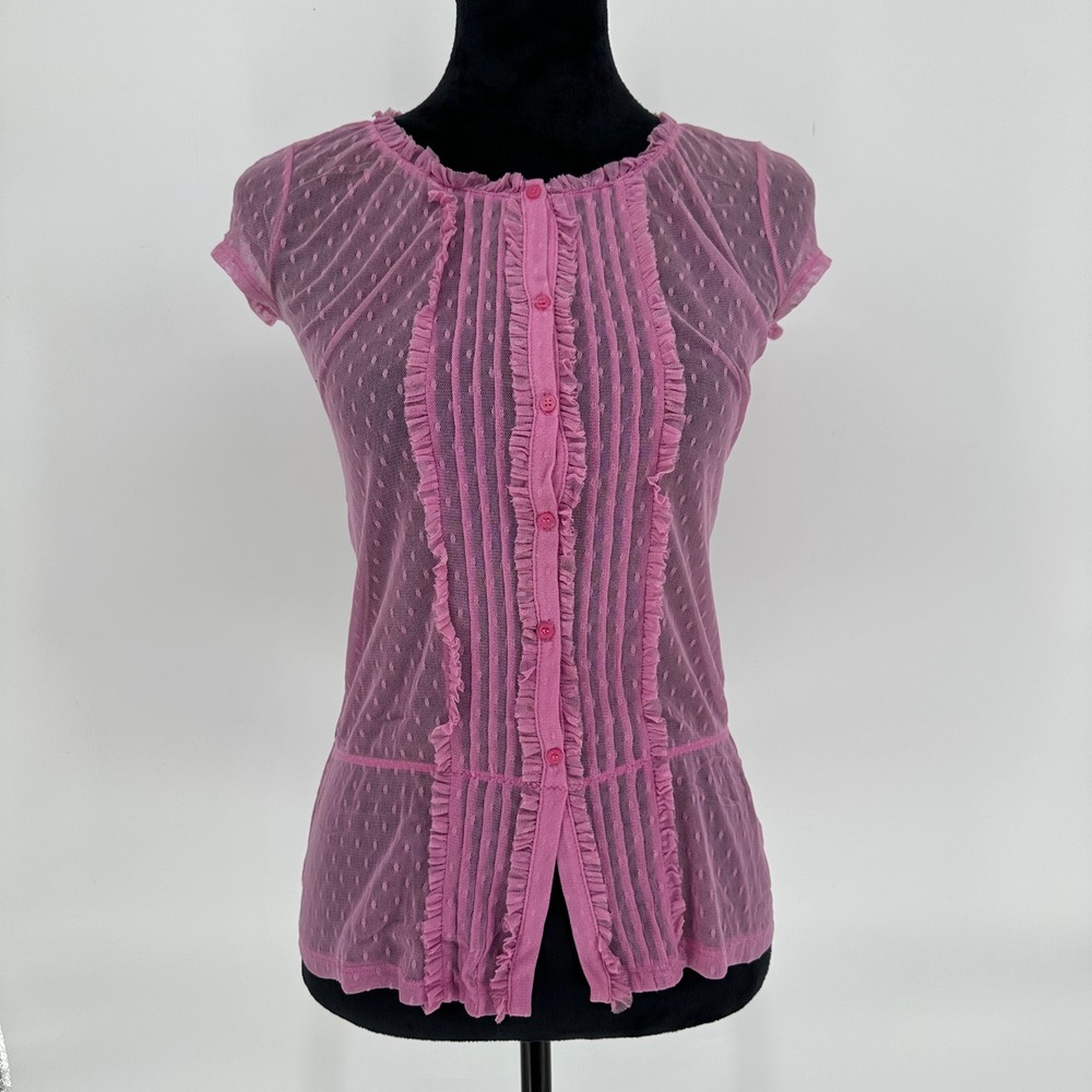 Y2K Express Pink Lilac Mesh‎ See Through Ruffle Button Up Blouse Pleated Top XS